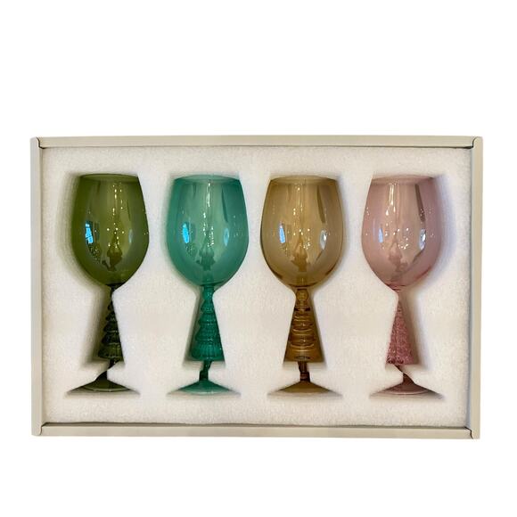 Neiman Marcus Multicolor Christmas Tree Wine Glass Set of 4 in Holiday Gift Box - Picture 3 of 9